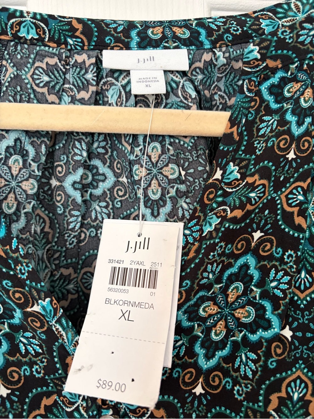 J. Jill Teal, Black and Brown Printed Henley Blouse - Picture 2 of 4